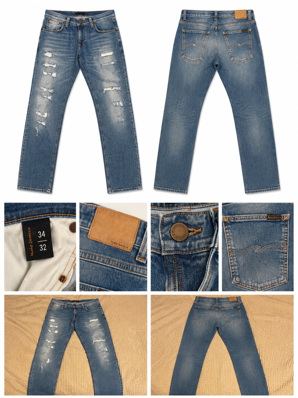 Nudie Jeans Light Blue Distressed Straight Jeans